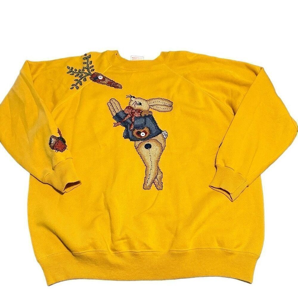 Vintage Hanes USA Yellow Cross Stitch Handmade Easter Bunny Crewneck Sweater XL